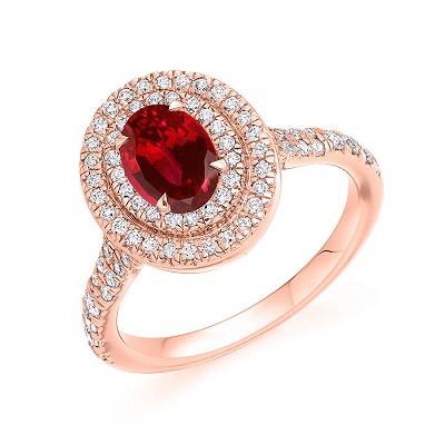 Oval Ruby with Double Diamond Halo & Shoulders