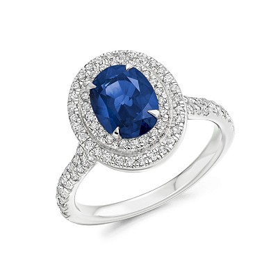 Oval Sapphire with Double Diamond Halo & Shoulders